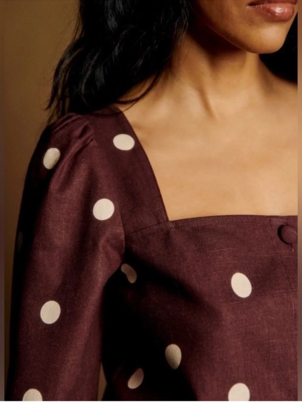 SÉZANE Lorenza Brown Polka Dot Cotton-Linen Top Size 40 US 8 - Picture 2 of 7